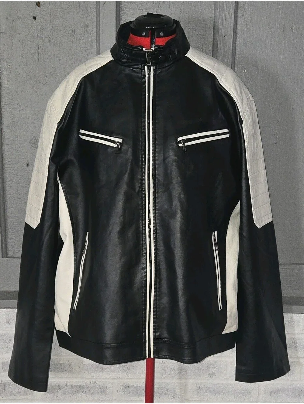 Men's Black & White Motorcycle Jacket XXL Full Zip Stand-Up Collar Pockets